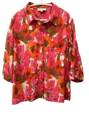 100% LinenVibrant Floral Button Down Blouse Roll Tab Sleeves Breathable Sz XL